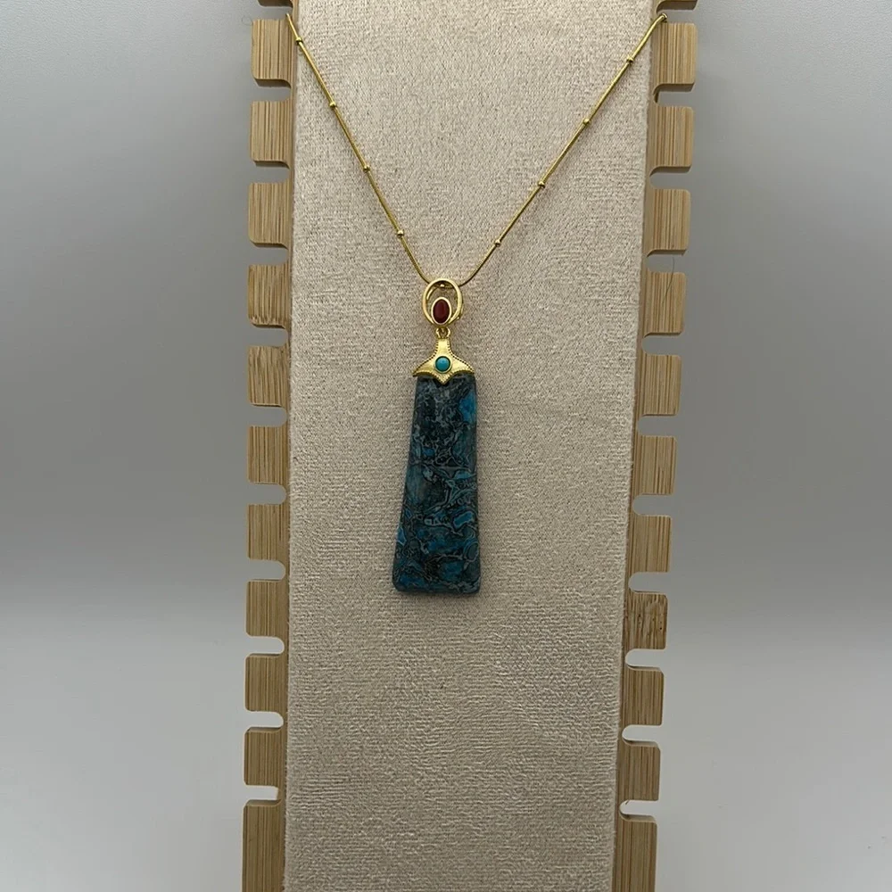 Blue Agate Triangle/Rectangle Pendant Necklace - Picture 2 of 8